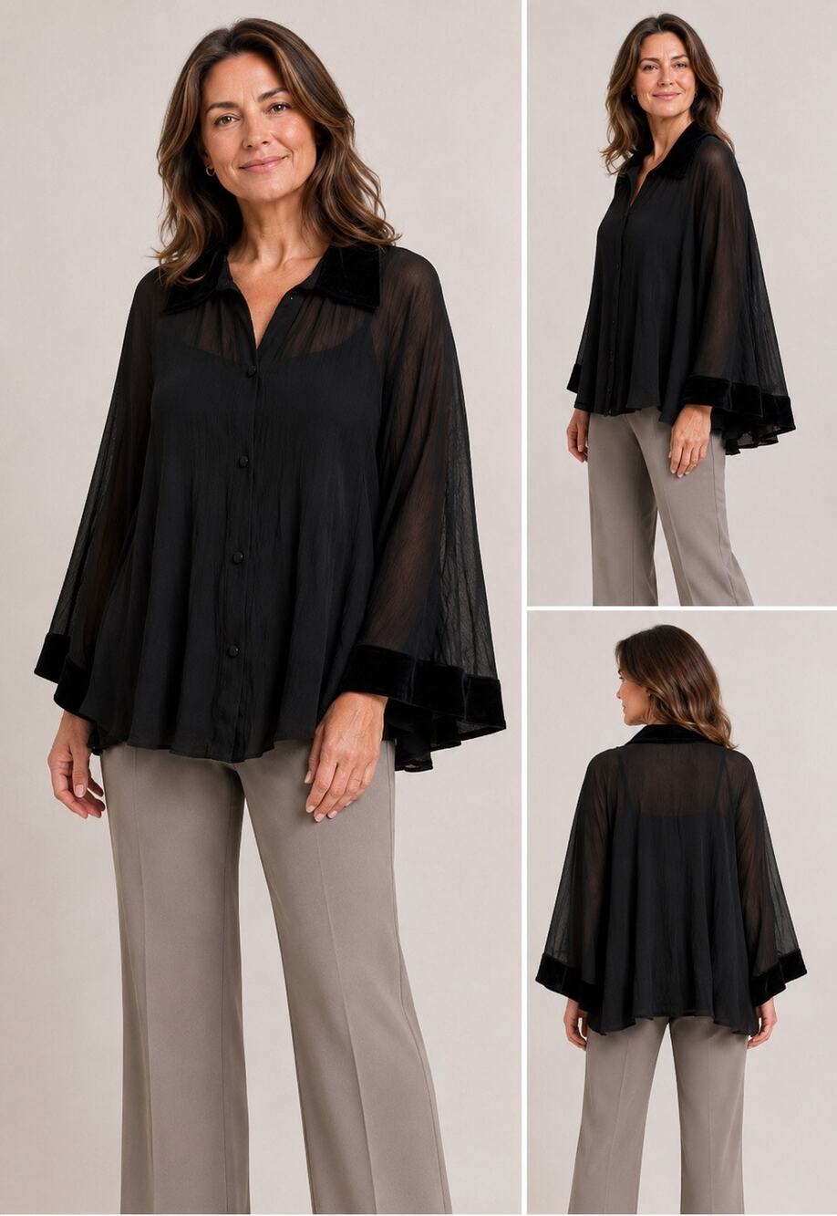 Vivienne Tam Vintage Black Crepe Crinkled Sheer Velvet Trim Top Sz 1 S/M/L